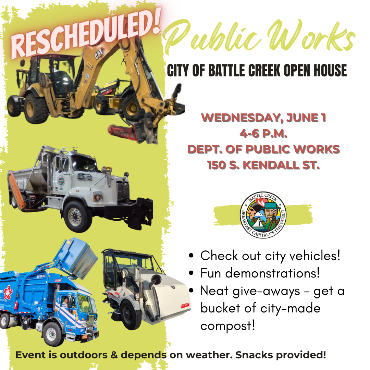 Cut-outs of city trucks on mostly yellow background, promoting public works open house June 1
