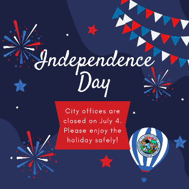 Dark blue background with red, white, and lighter blue fireworks and flags