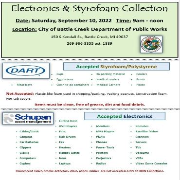 A flyer with details and a list of what can and can't be recycled for the recycling event.