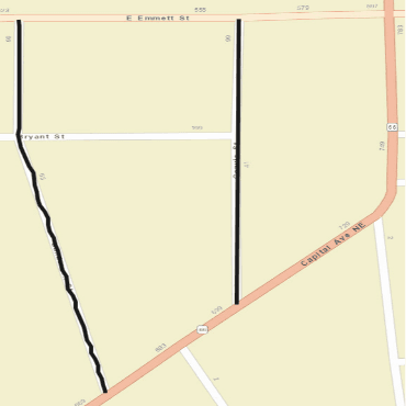 A city street map showing milling projects as black lines on Convis Street and Sanderson Street.