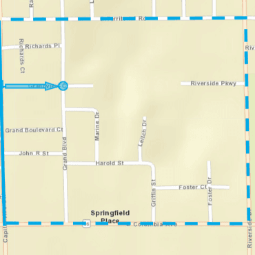 City street map with teal line over Capital SW in Old Lakeview, and dashed line for detour.