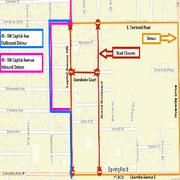 A city street map showing the road closures (red), detour (gold), and BCT detours (blue and pink).