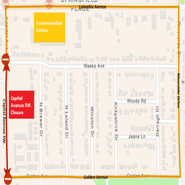 A city street map of the Capital Avenue SW. road closure (red line) and detour (gold line).