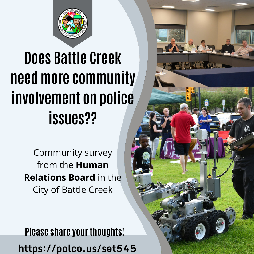 Images of people sitting at tables in a meeting, and a police officer with a bomb robot. 