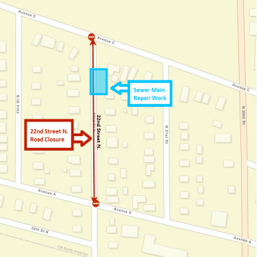 A city street map showing the sewer main repair work as a blue box and the closure as a red line.
