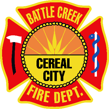 Battle Creek Fire Department logo, red and yellow with wheat pattern in middle.