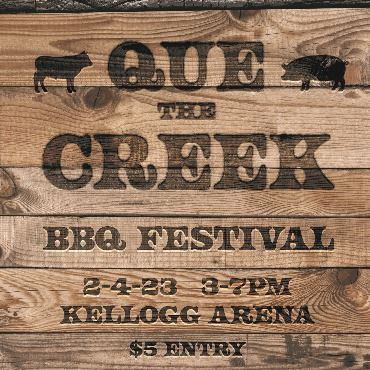 Wood look with branded cow, pig and text for Que the Creek