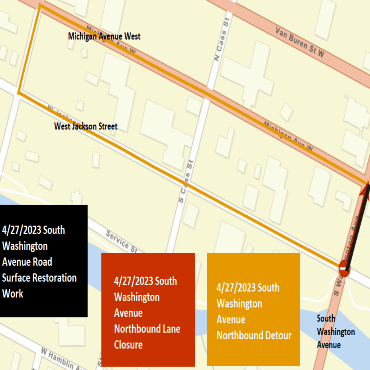 A Battle Creek city street map showing the road surface restoration work, road closure, and detour.