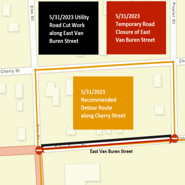 A Battle Creek city street map showing the utility road cut work, road closure, and detour route.