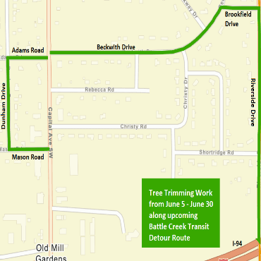 A Battle Creek city street map showing the tree trimming work as solid, green lines.