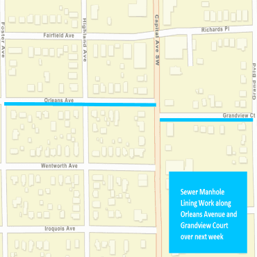 A Battle Creek city street map showing the sewer manhole lining work as solid, light blue lines.