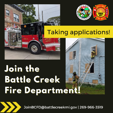 Graphic with photo of fire truck and house with smoke coming out.