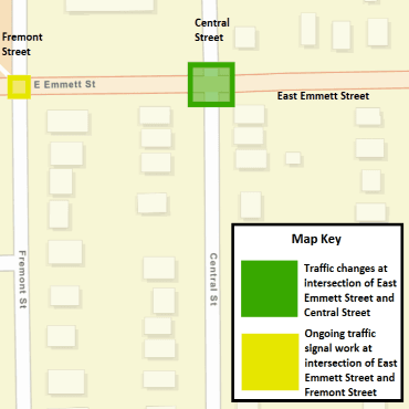 A Battle Creek city street map showing the tree removal work and traffic changes as a green box.