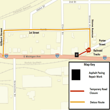A Battle Creek city street map showing the asphalt paving repair work as a black box.