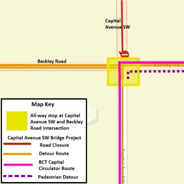 A Battle Creek city street map showing the all-way stop at the intersection as a yellow box.