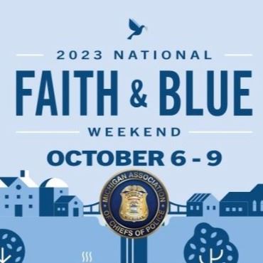 Blue graphic of a community landscape, for Faith & Blue Weekend, Oct. 6-9.