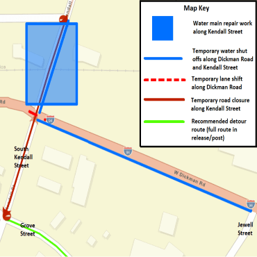 A Battle Creek city street map showing the water main repair work and temporary road closure.