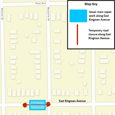 A Battle Creek city street map showing the sewer main repair work and temporary road closure.
