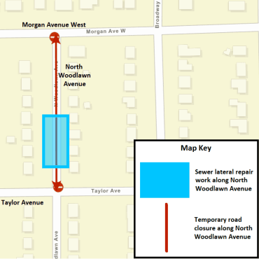 A Battle Creek city street map showing the sewer lateral repair work and temporary road closure.