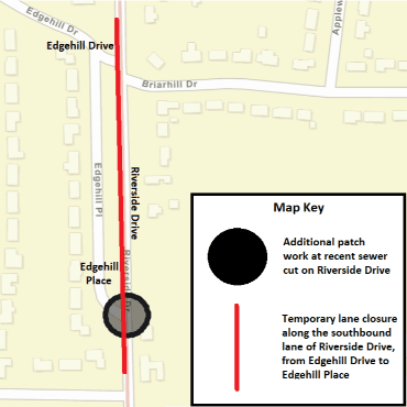 A Battle Creek city street map showing the sewer cut patch work and temporary lane closure.
