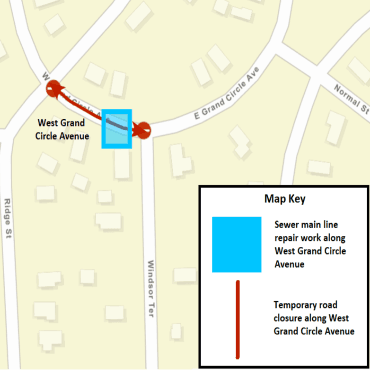 A Battle Creek city street map showing the sewer main line repair work as a light-blue box.