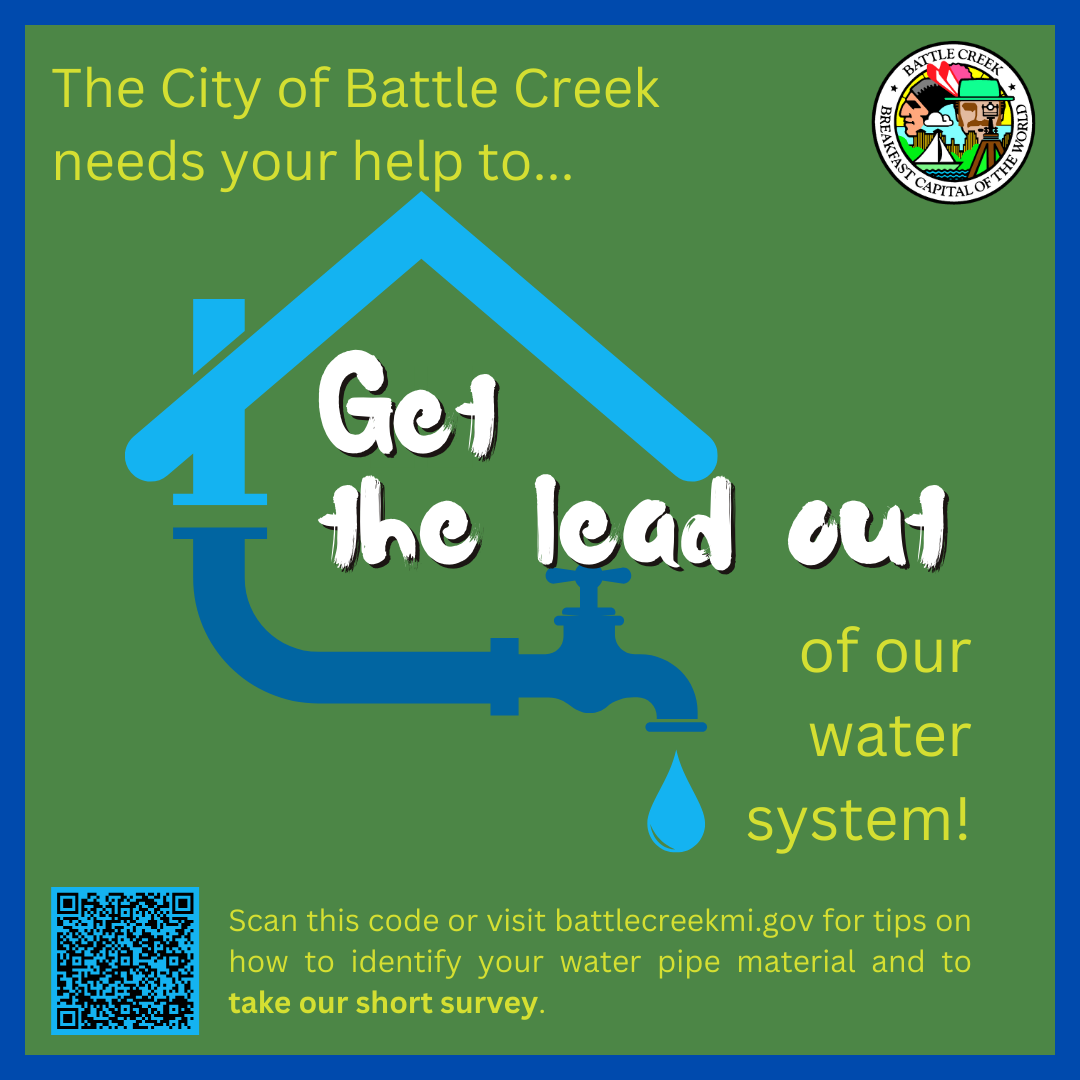 Green and blue graphic showing a house and faucet, with text "get the lead out."