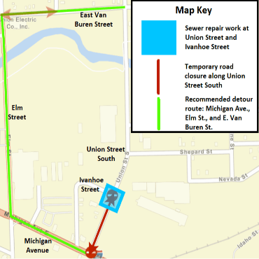 A Battle Creek city street map showing the sewer repair work, temporary road closure, and detour.