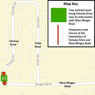 A Battle Creek city street map showing the tree removal work and temporary road closure.