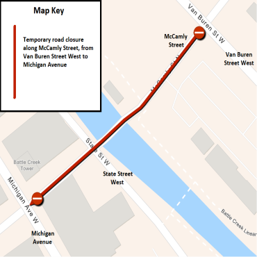 A Battle Creek city street map showing the temporary road closure along McCamly Street.