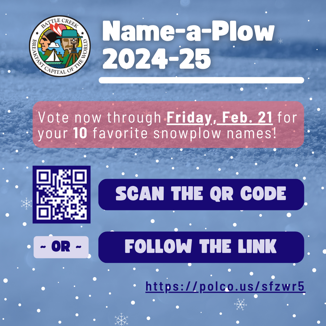 Vote for your favorite snowplow names by February 21; scan the QR code or visit the link provided.