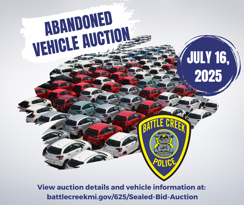 A graphic promoting the July 2025 BCPD abandoned vehicle auction.