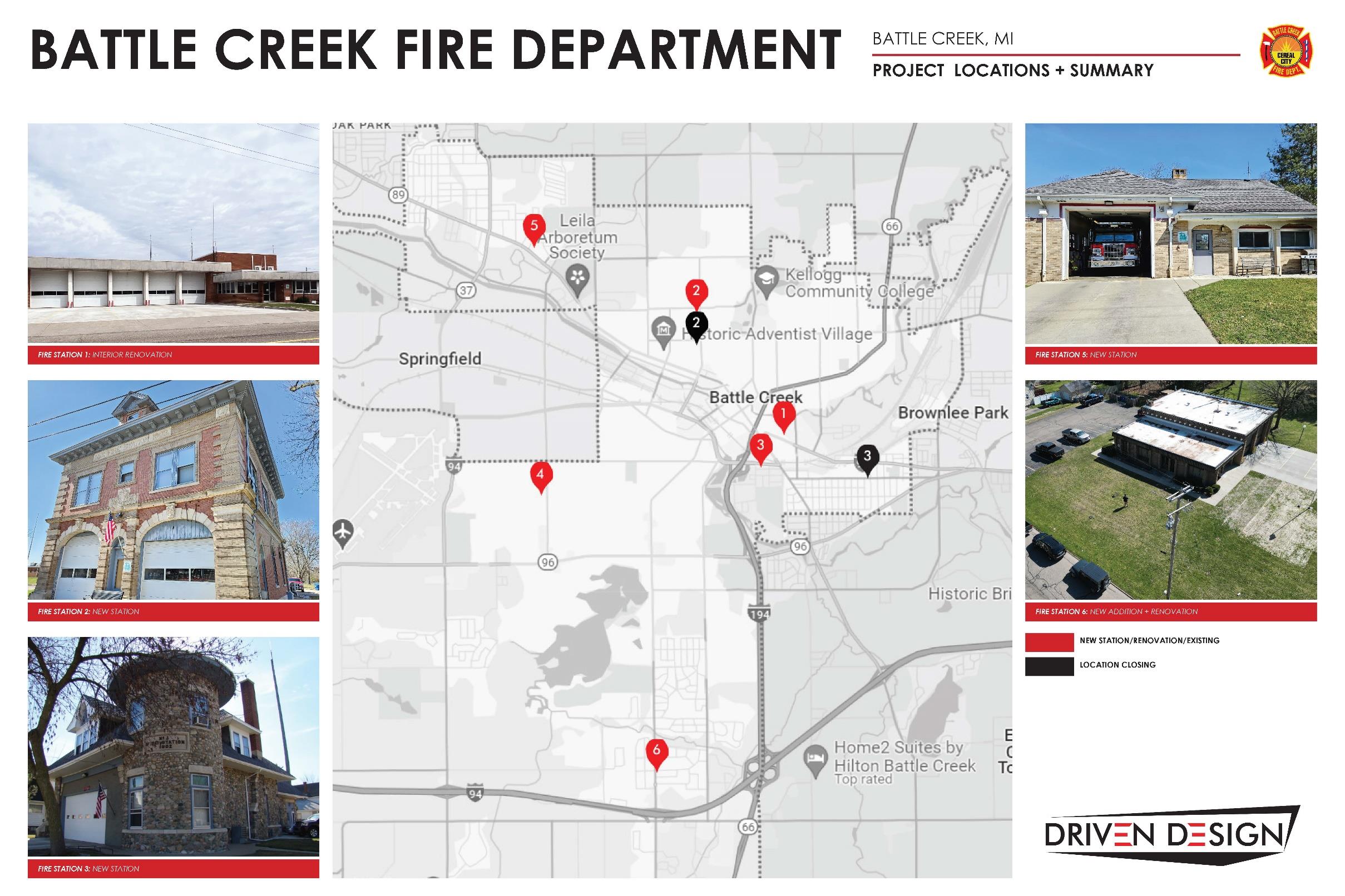 A graphic showing the location and summary of the five fire station proposals.