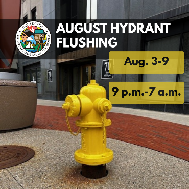 A graphic of a fire hydrant sharing the dates and times for the August hydrant flushing.