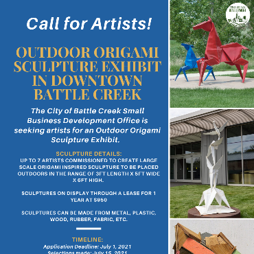 Flyer with origami style sculptures on the right, blue with text about call for artists