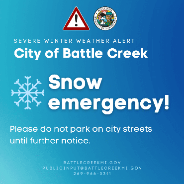 Blue ombre square with alert symbol and city logo; text is City of Battle Creek snow emergency.