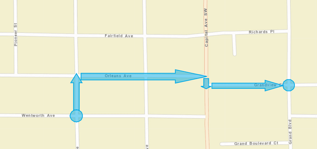 City street map with teal circles and arrows from Wentworth and Foster east to Grand Boulevard
