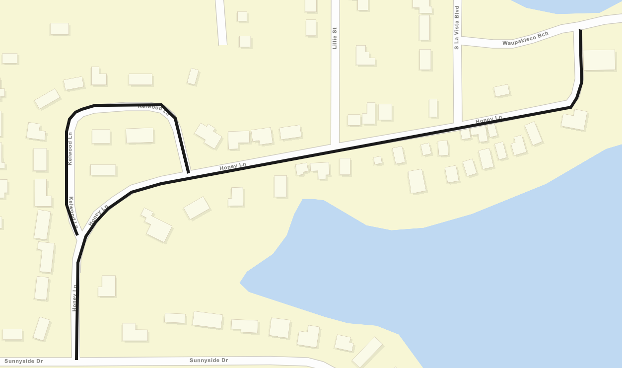 A city street map showing the Honey Lane and Kelwood Lane milling projects as black lines.