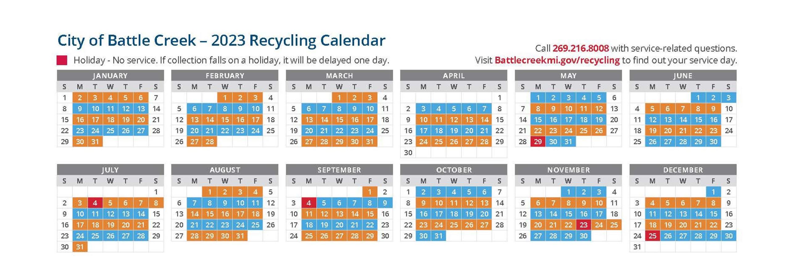 2023 monthly calendar with opposite weeks colored orange and blue for BC recycling