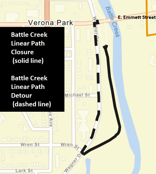 A city street map showing the Battle Creek Linear Path closure (solid line) and detour (dashed line)