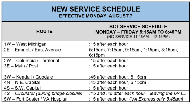A graphic with the new BCT Service Schedule, as described in the newsflash text.