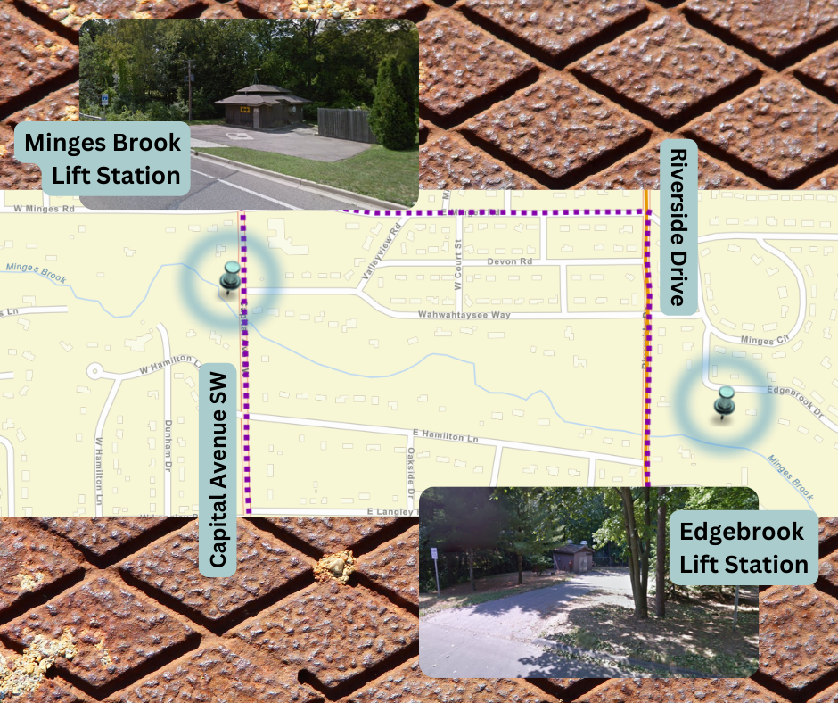 Graphic including map with pins along Minges Brook, signifying two sewer lift stations.