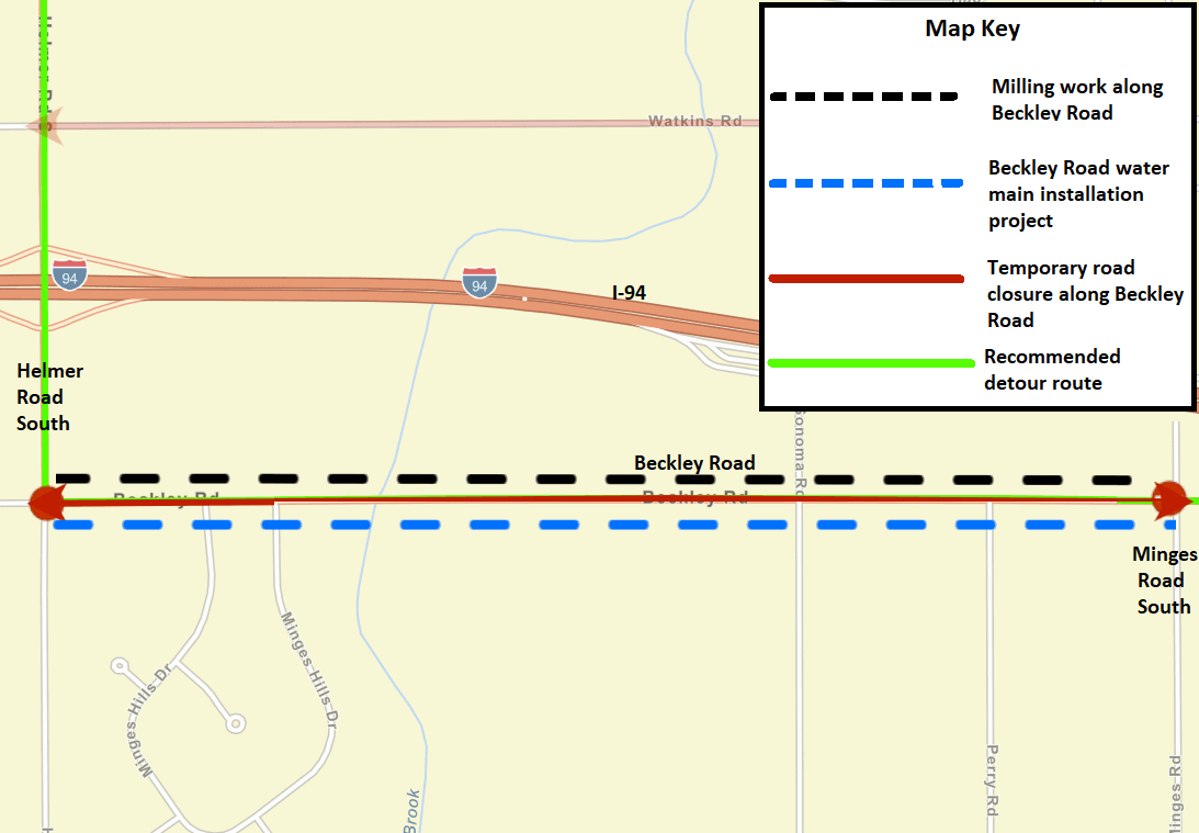 A Battle Creek city street map showing the milling work as a dashed, black line.