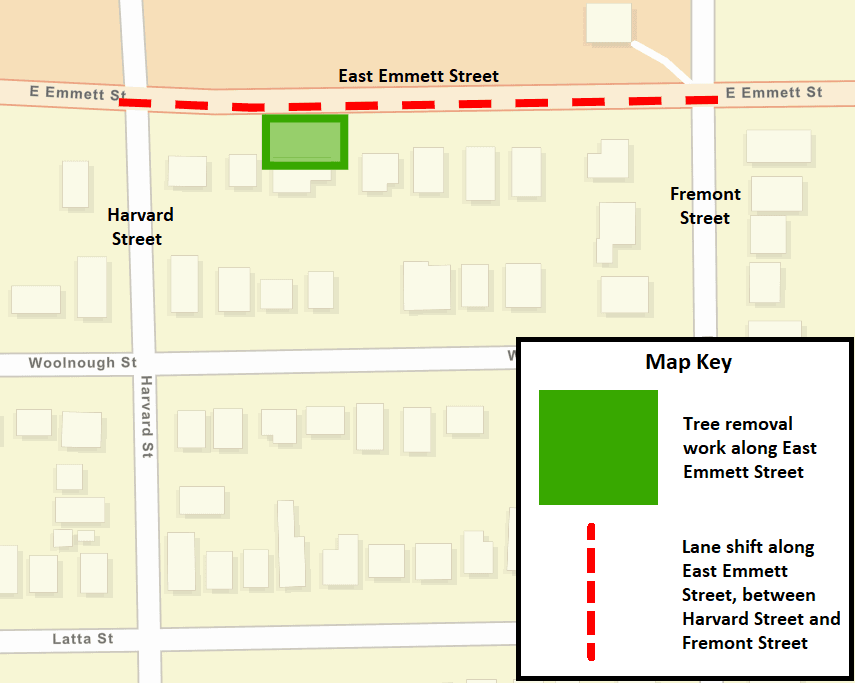 A Battle Creek city street map showing the tree removal work and lane shift on East Emmett Street.
