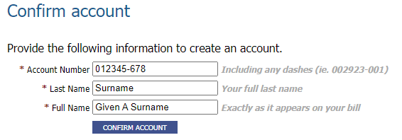 Web form titled 'Confirm account' with instructions to provide information to create an account. The…