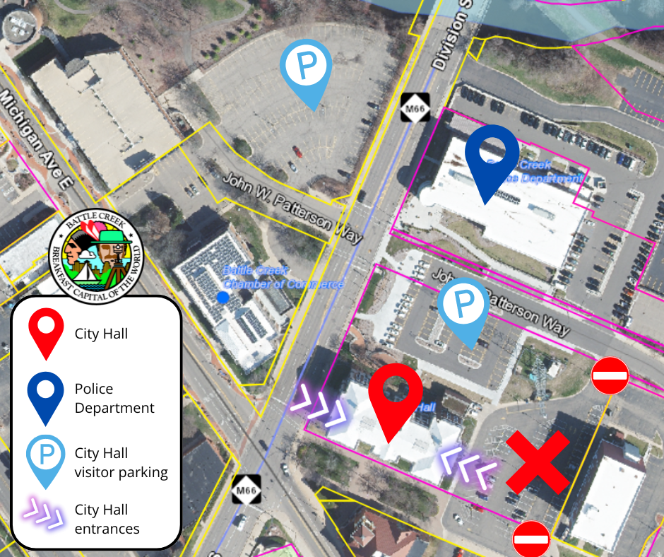 Aerial map showing City Hall, Police Department, and Commerce Pointe parking lot.