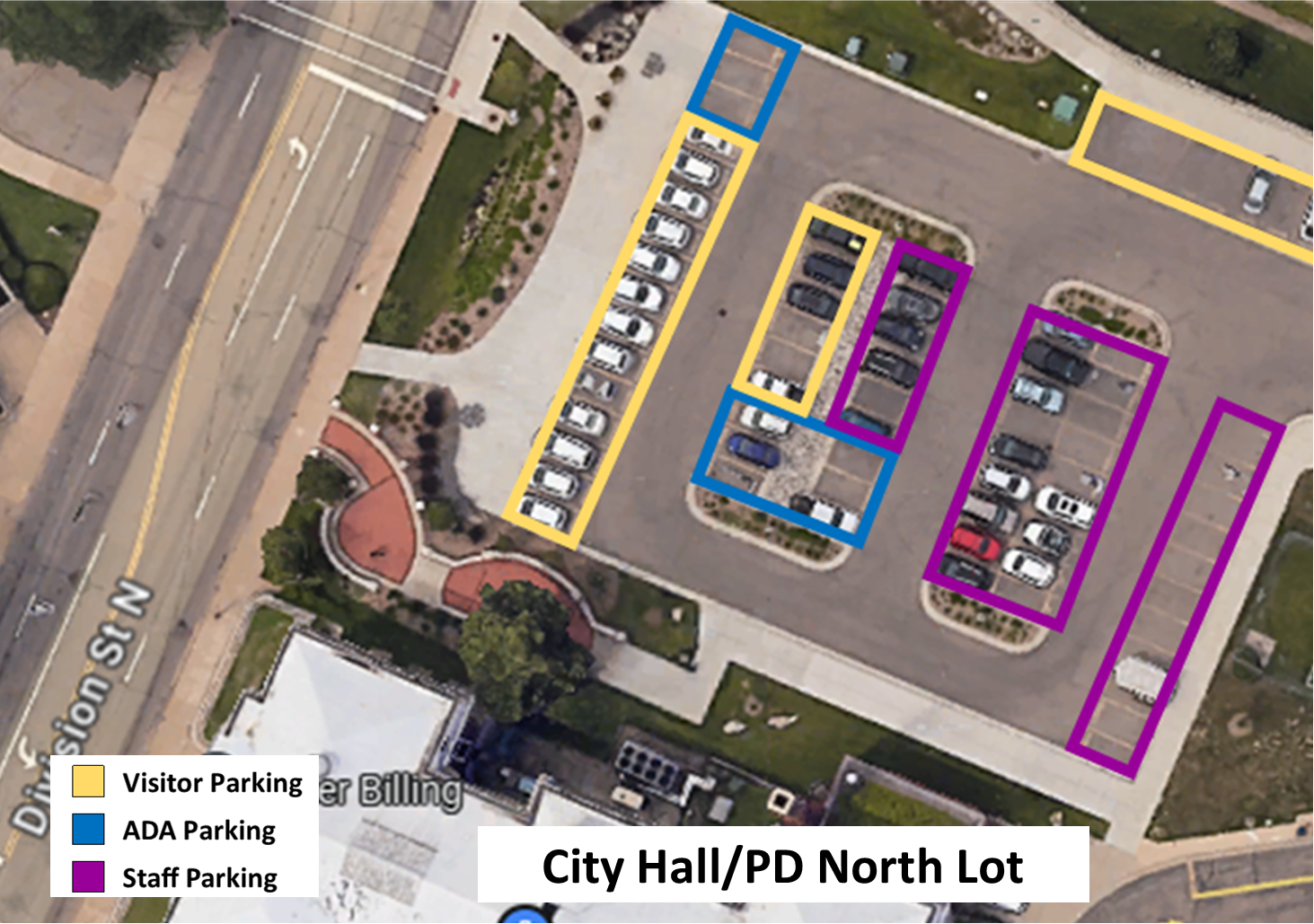 Aerial map of City Hall, Police Department, and parking lot between.